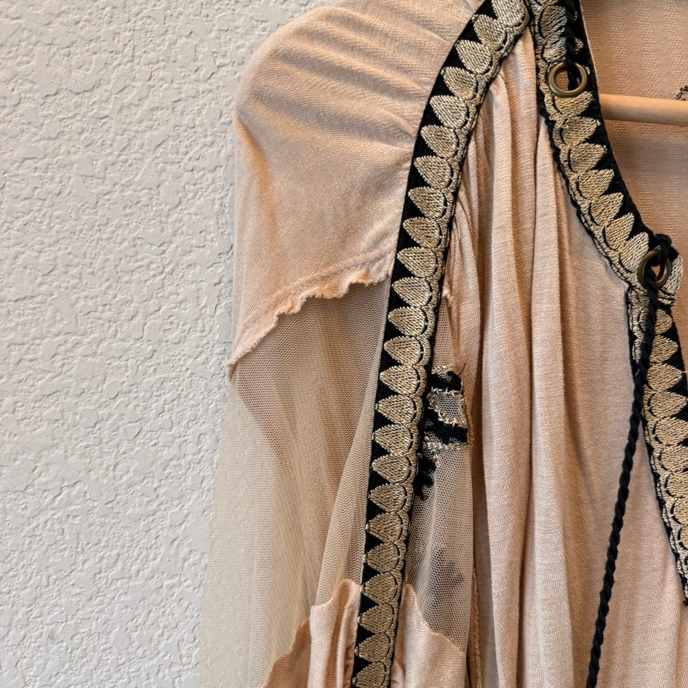Free People Tunic Boho Embroidered Mesh Womens L Tan Black Tassel V-Neck Top - Picture 3 of 11